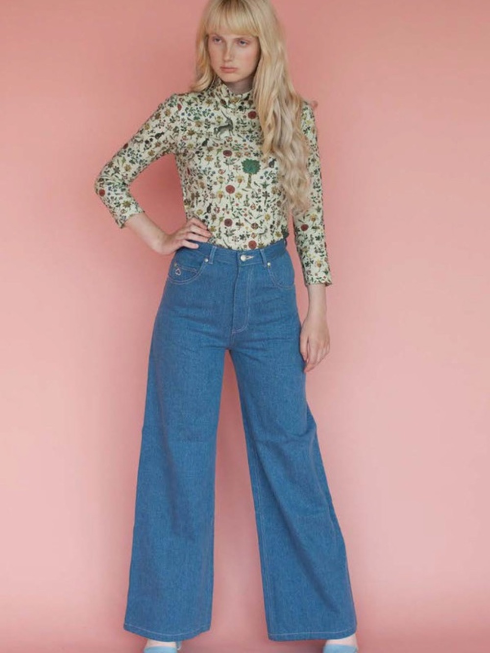 SAMANTHA PLEET • Port Blue Wide-Leg High-Waist Jeans size 27 100% cotton